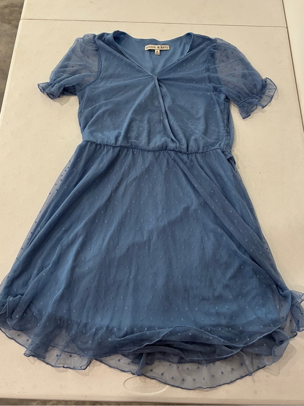 Allison & Kelly Blue Swiss Dot Mesh Faux-Wrap Dress - Size Medium